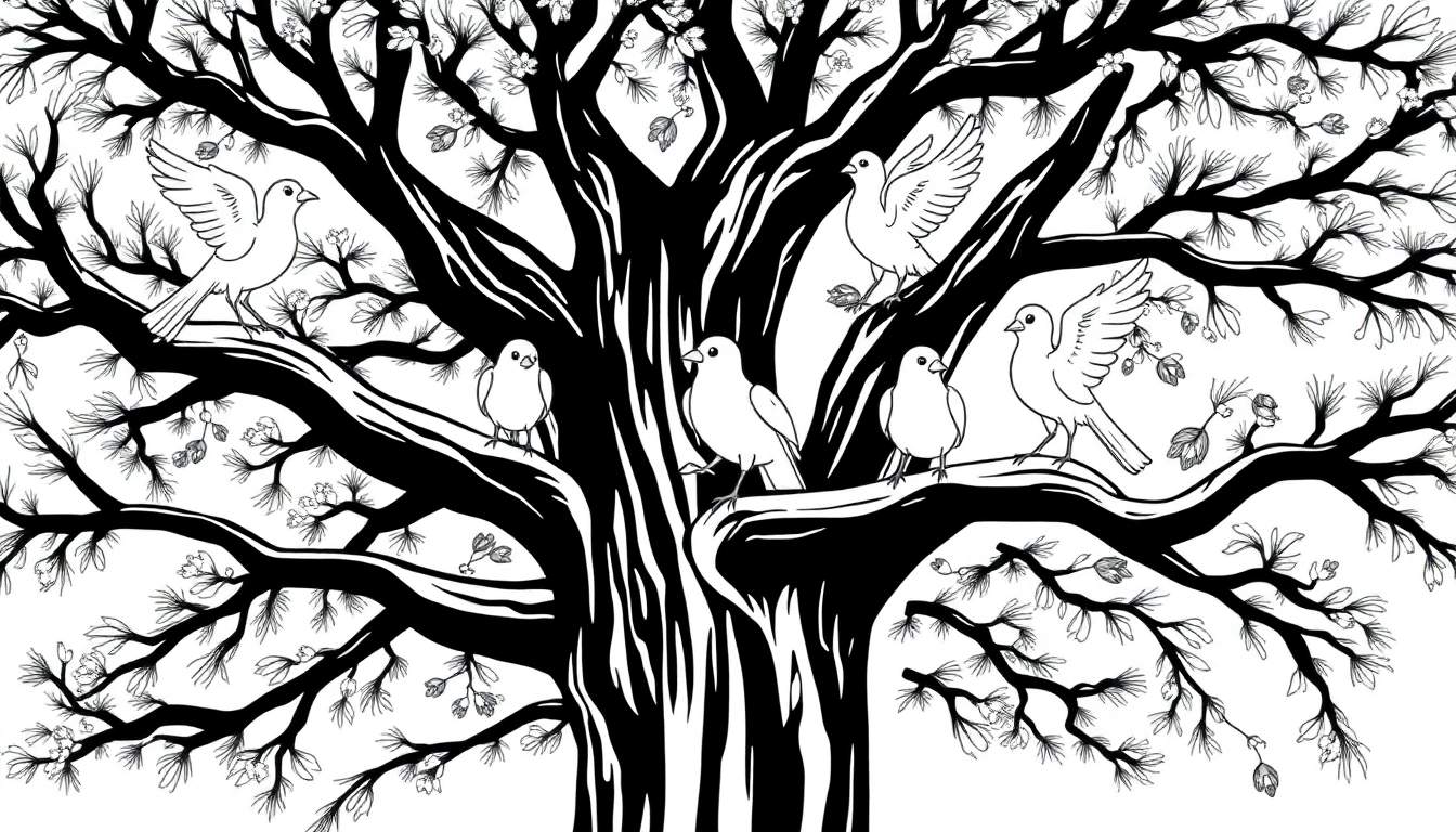 Dessin en noir et blanc d'un grand arbre avec des oiseaux perchés sur ses branches, conçu comme un color panel.