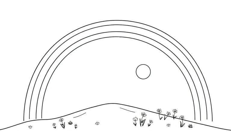 Dessin en noir et blanc d'un arc-en-ciel aux multiples arcs au-dessus d'une colline avec des fleurs, et un soleil/lune vide. Ce color panel est prêt à être colorié.
