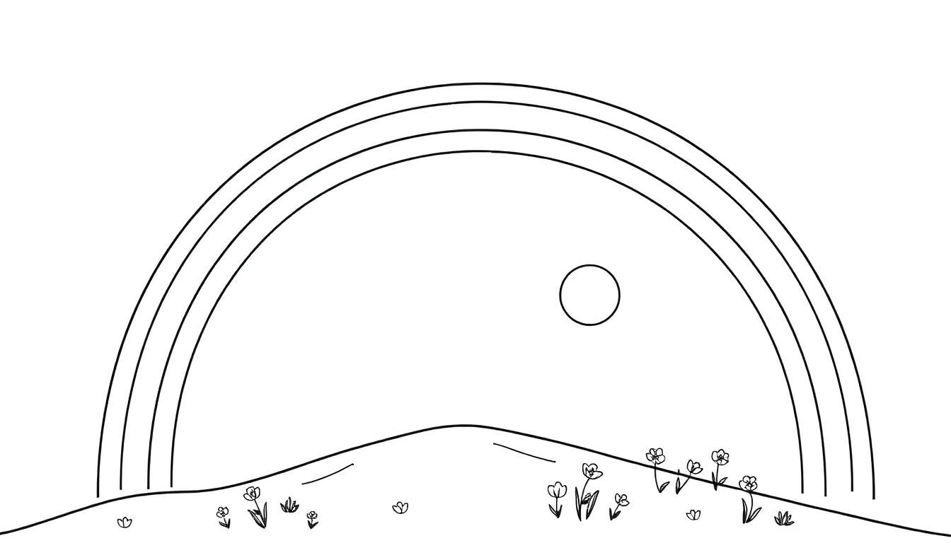 Dessin en noir et blanc d'un arc-en-ciel aux multiples arcs au-dessus d'une colline avec des fleurs, et un soleil/lune vide. Ce color panel est prêt à être colorié.