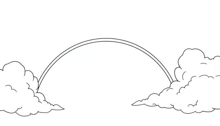 Dessin en noir et blanc d'un arc-en-ciel entre deux nuages, prêt pour un color panel.