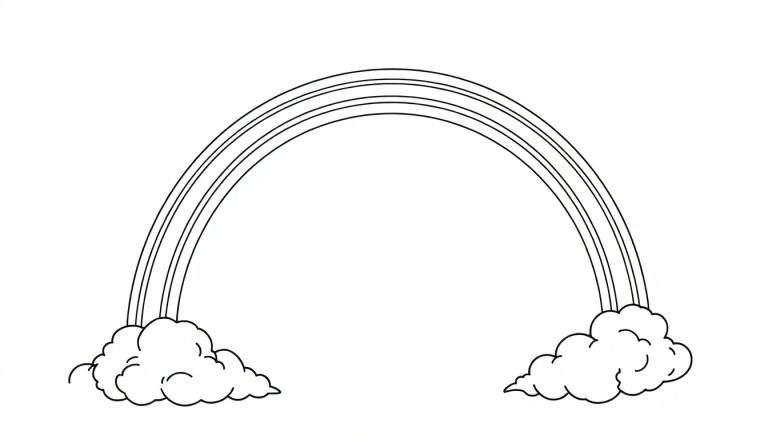 Un arc-en-ciel dessin à la main avec des nuages aux extrémités, sans couleurs.