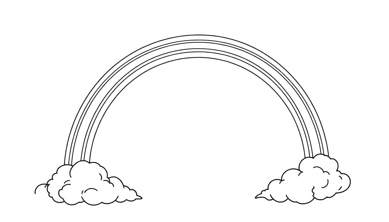 Un arc-en-ciel dessin à la main avec des nuages aux extrémités, sans couleurs.