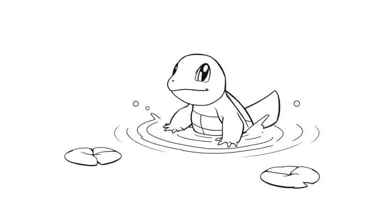 Squirtle, une figurine Pokémon en noir et blanc dans l'eau, sur une assiette couleur.