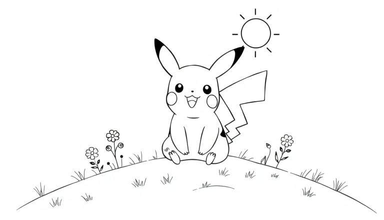 Pikachu assis sur une petite colline avec un soleil simple au-dessus, dans une assiette couleur.