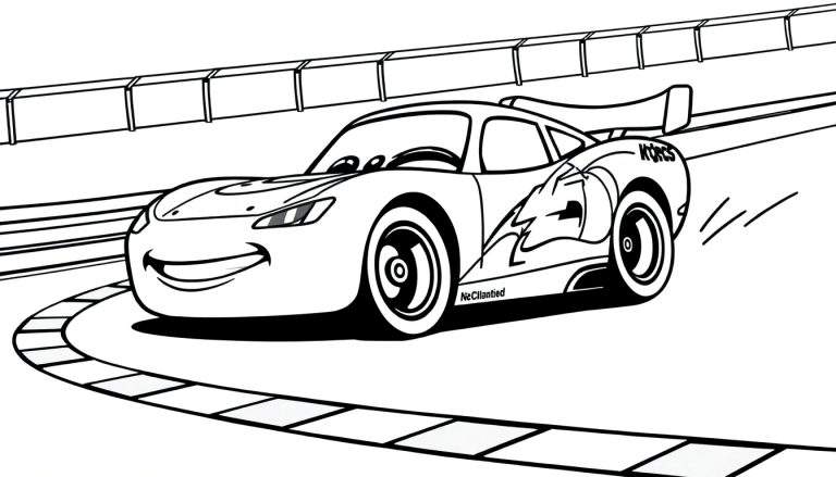 Une assiette de coloriage de Flash McQueen dans un virage.