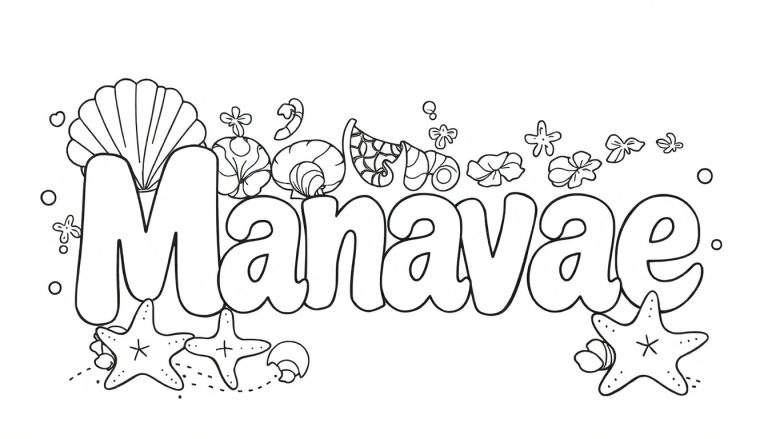 Manavae prénom comme une assiette à colorier avec des coquillages et des étoiles de mer.