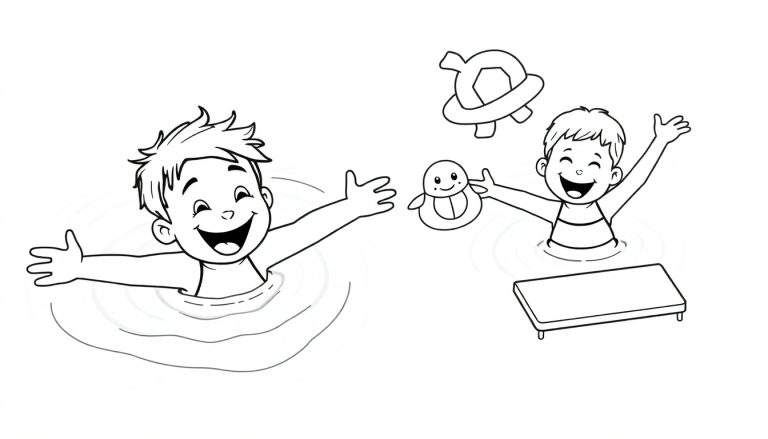 Dessin au trait en noir et blanc de deux enfants jouant joyeusement dans l'eau, avec des jouets gonflables flottants.