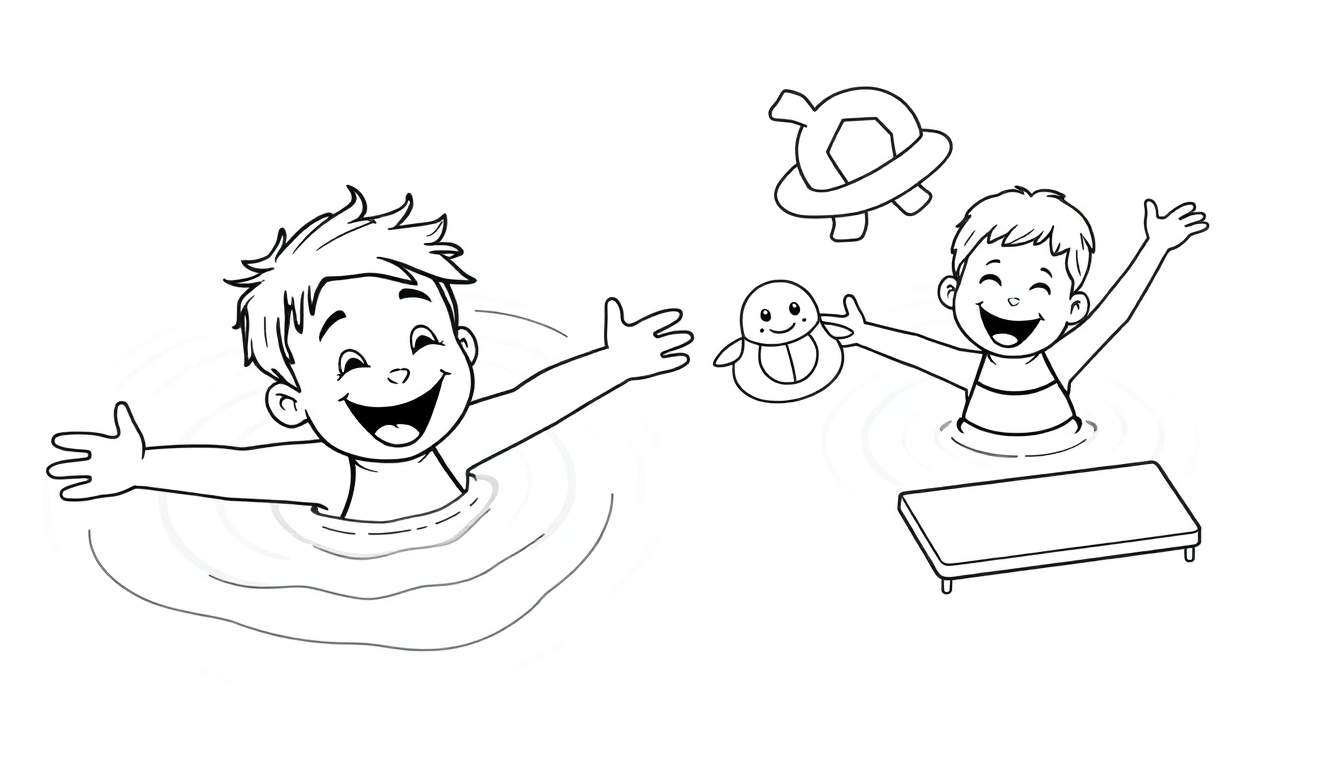 Dessin au trait en noir et blanc de deux enfants jouant joyeusement dans l'eau, avec des jouets gonflables flottants.