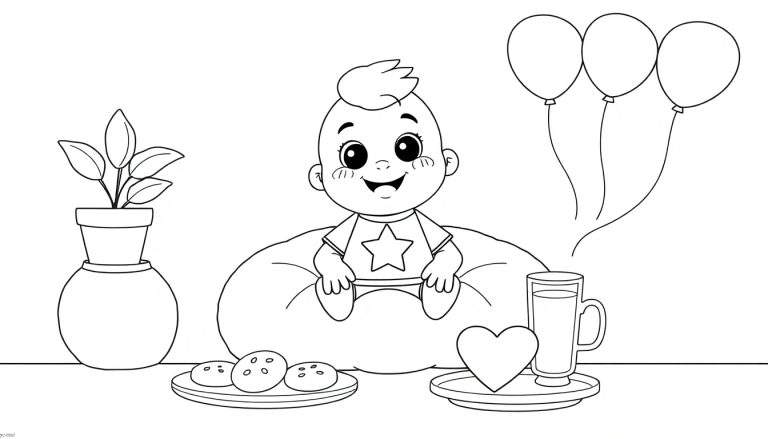 Un dessin au trait d'un bébé souriant sur un coussin avec une étoile sur son t-shirt, entouré d'une nature morte et de ballons, parfait pour un color panel.