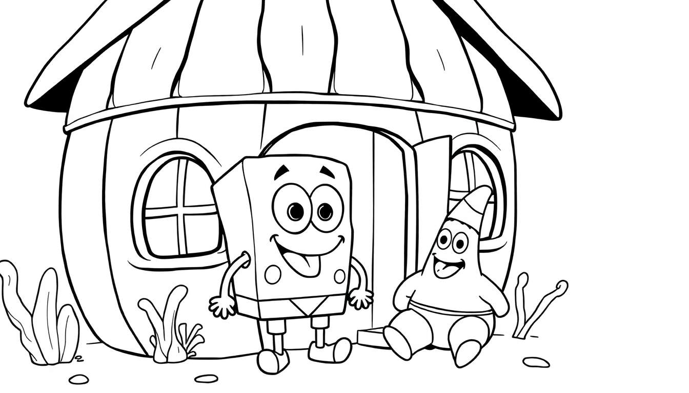 Bob l'éponge et Patrick devant leur maison ananas, prêts à colorier un panneau coloré.