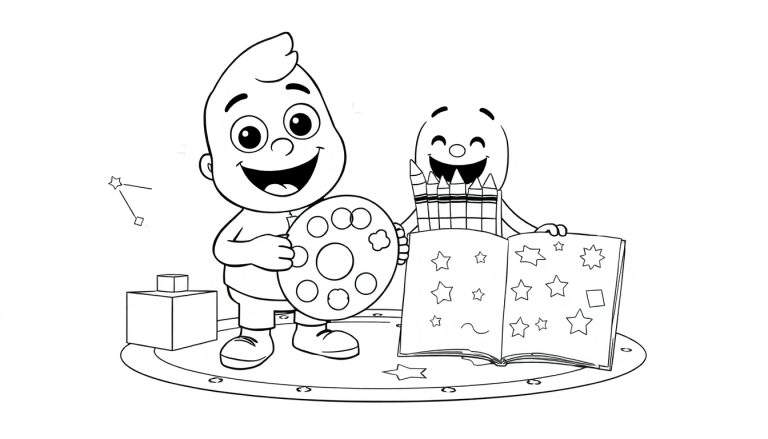 Deux personnages Toca Boca souriants sur une plateforme circulaire, l'un tenant une palette d'artiste et l'autre un livre de dessins. Un color panel est visible sur la palette.