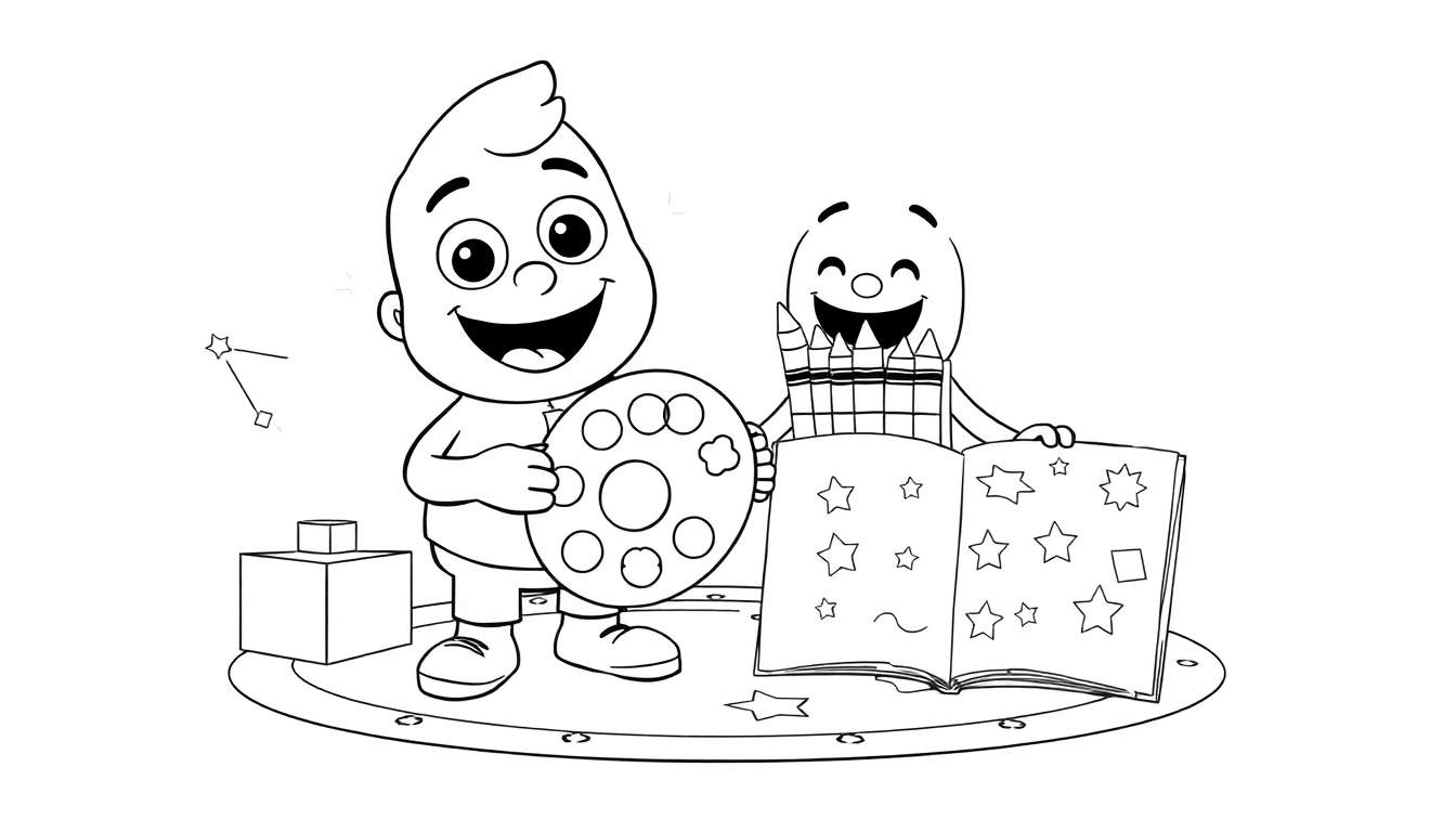 Deux personnages Toca Boca souriants sur une plateforme circulaire, l'un tenant une palette d'artiste et l'autre un livre de dessins. Un color panel est visible sur la palette.