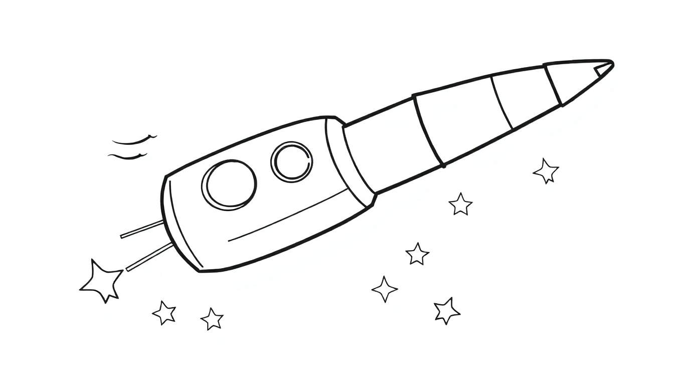 Dessin au trait d'une fusée volante dans le ciel étoilé, avec des hublots ronds, des stabilisateurs en forme d'étoiles et des traînées courbes.