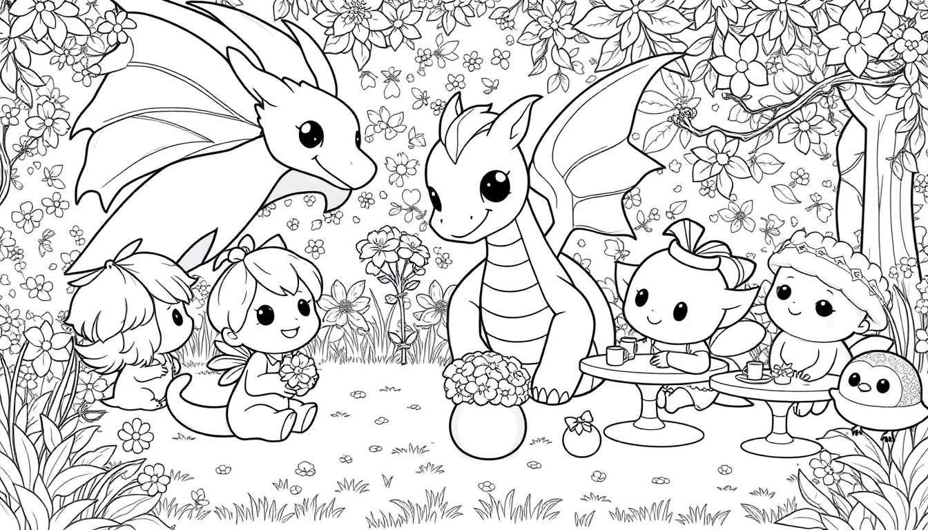 Une scène féerique avec des dragons amicaux et de petites créatures ressemblant à des fées prenant le thé dans un jardin fleuri, prêt pour le color panel.
