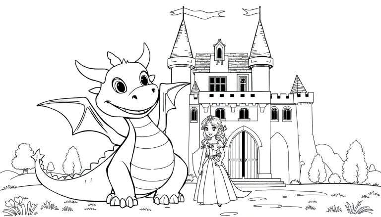 Dessin au trait d'un paysage de conte de fées avec un dragon amical, une princesse et un château, conçu comme une page à colorier.