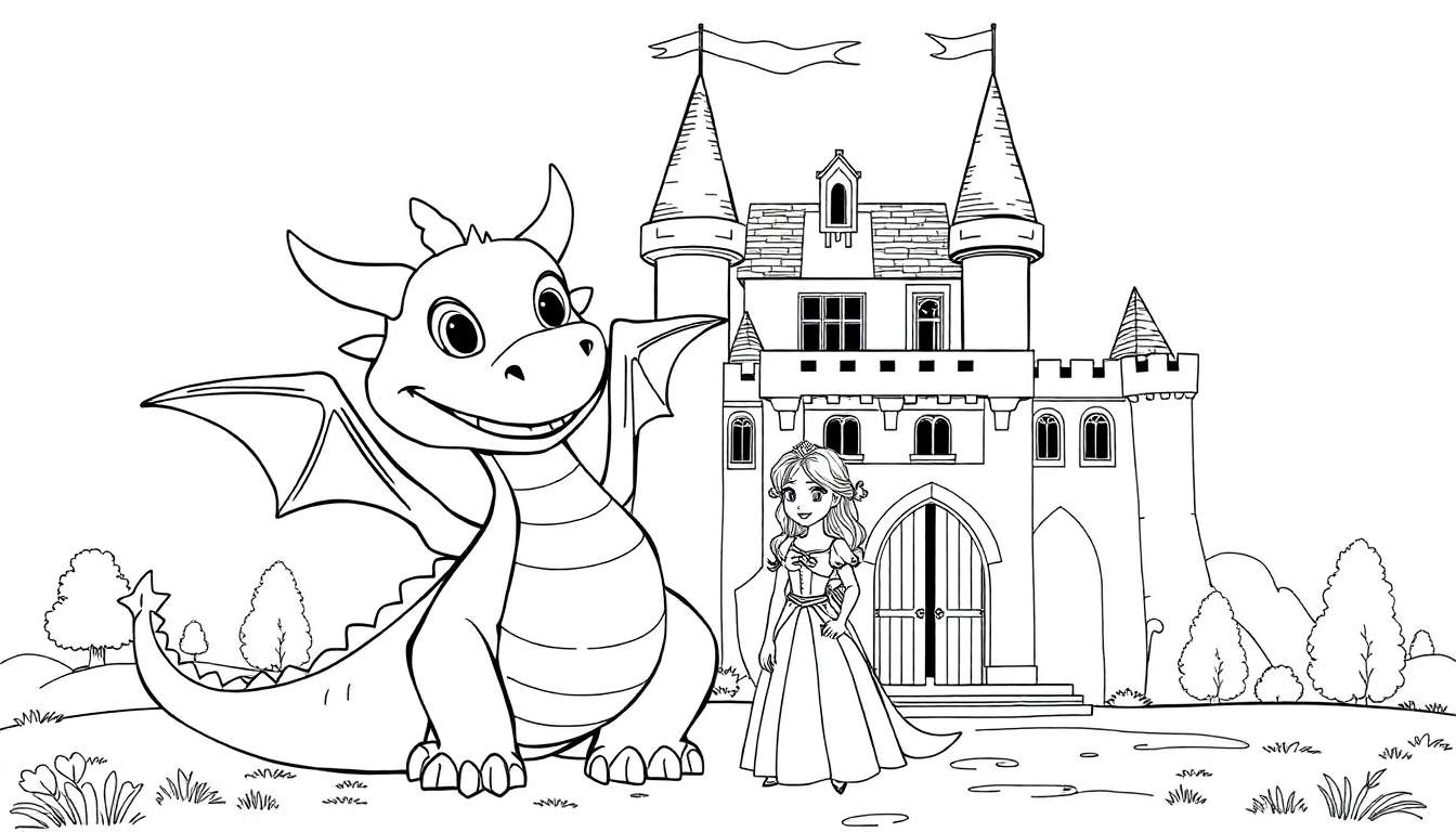 Dessin au trait d'un paysage de conte de fées avec un dragon amical, une princesse et un château, conçu comme une page à colorier.
