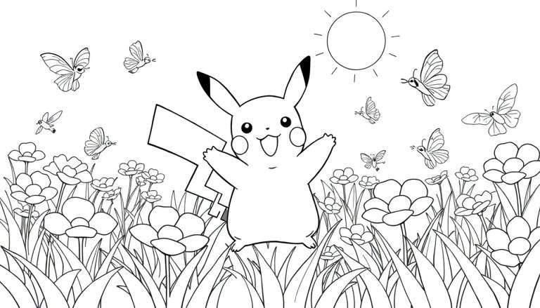 Pikachu dans un champ de fleurs colorées avec des papillons et le soleil, un color panel joyeux.