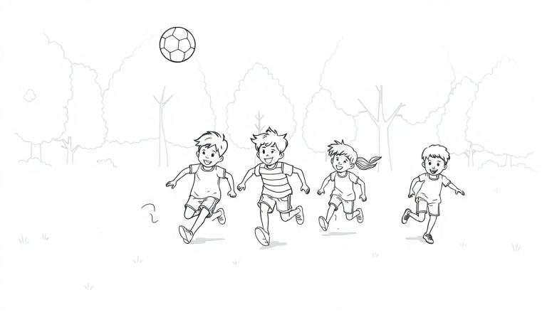 Dessin au trait d'enfants jouant au football dans un parc, un ballon de soccer flotte au-dessus, color panel.