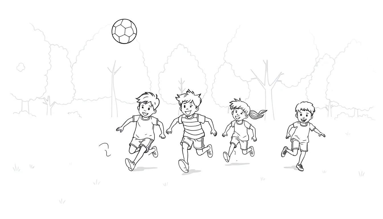 Dessin au trait d'enfants jouant au football dans un parc, un ballon de soccer flotte au-dessus, color panel.
