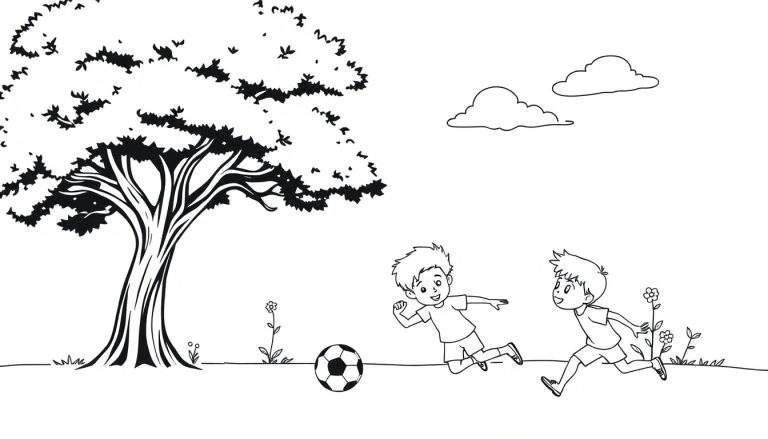 Deux enfants courent joyeusement après un ballon de football près d'un grand arbre dans un parc fleuri sous un ciel nuageux.