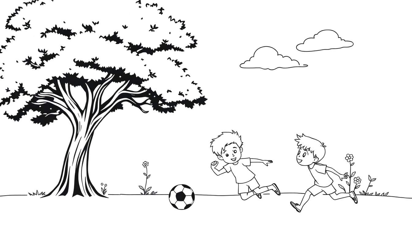 Deux enfants courent joyeusement après un ballon de football près d'un grand arbre dans un parc fleuri sous un ciel nuageux.