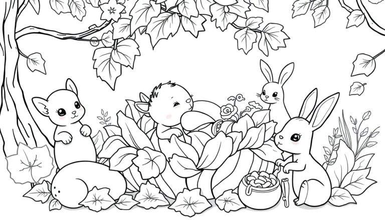 Page à colorier d'animaux mignons dans une forêt magique.