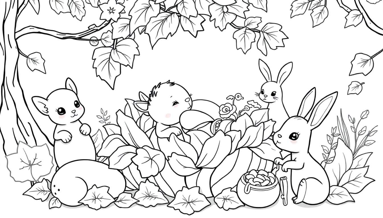 Page à colorier d'animaux mignons dans une forêt magique.