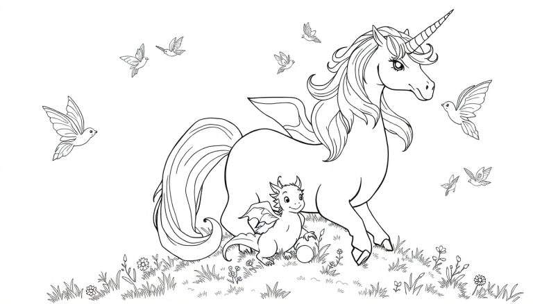 Dessin au trait d'une licorne et d'un dragon dans un champ, page à colorier.