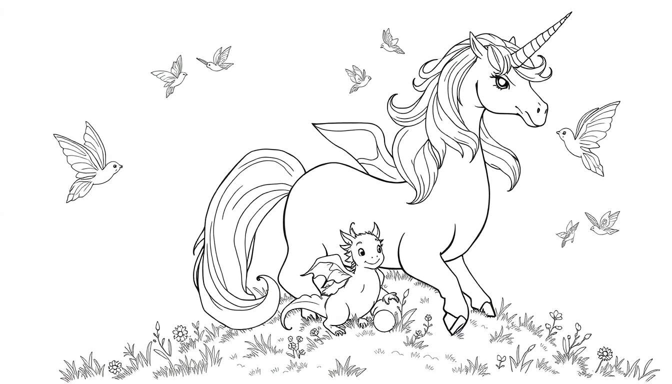Dessin au trait d'une licorne et d'un dragon dans un champ, page à colorier.