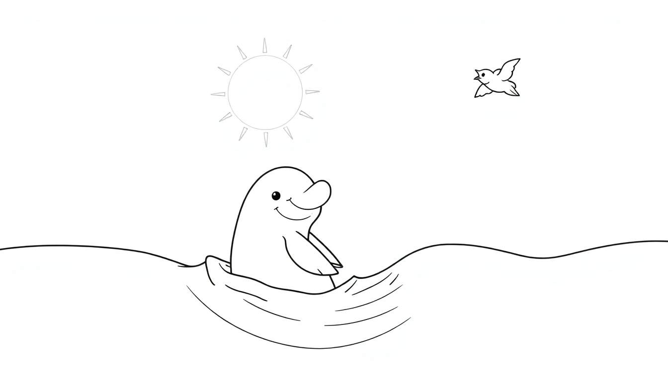 Un dauphin souriant saute hors de l'eau sous un soleil éclatant, avec un oiseau en vol. Un color panel idéal pour les enfants.