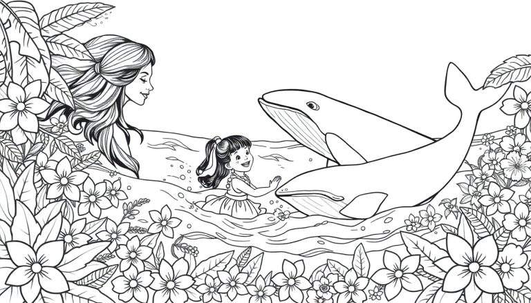 Une mère et sa fille jouent joyeusement dans l'eau avec des baleines, dans un style de livre de coloriage polynésien avec des fleurs.