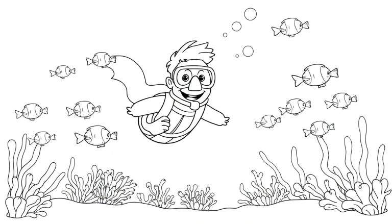Dessin au trait noir et blanc d'un plongeur souriant nageant au milieu de poissons et de plantes sous-marines, avec des bulles montant.
