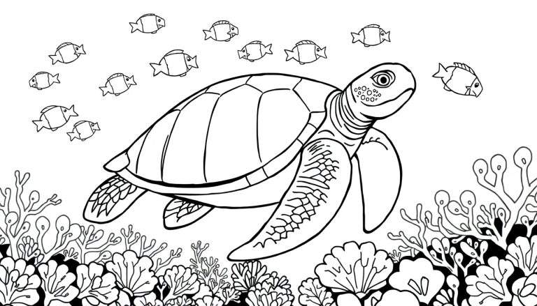 Une tortue marine nageant avec des poissons et des coraux dans un color panel.