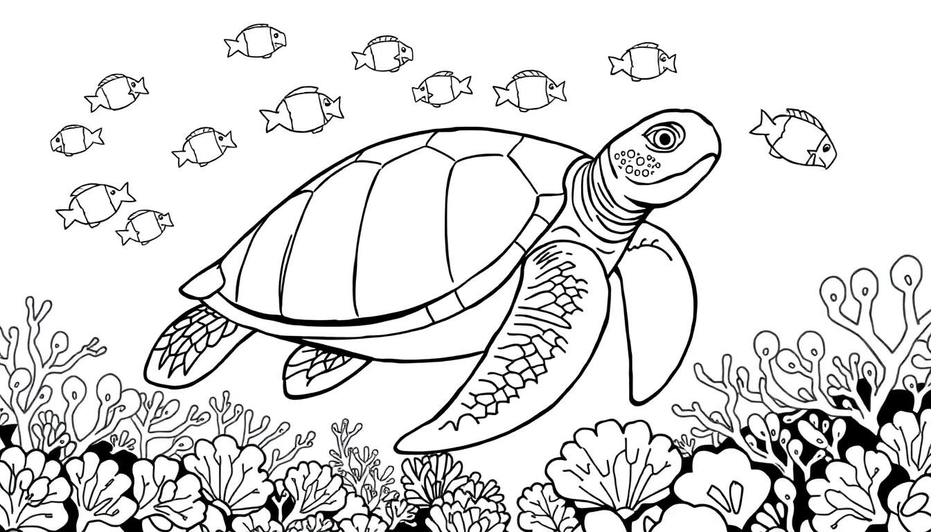 Une tortue marine nageant avec des poissons et des coraux dans un color panel.