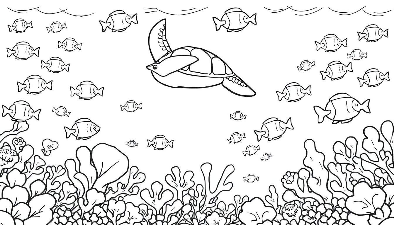 Une illustration en noir et blanc d'une tortue nageant parmi des poissons et un récif corallien, parfaite pour un color panel.