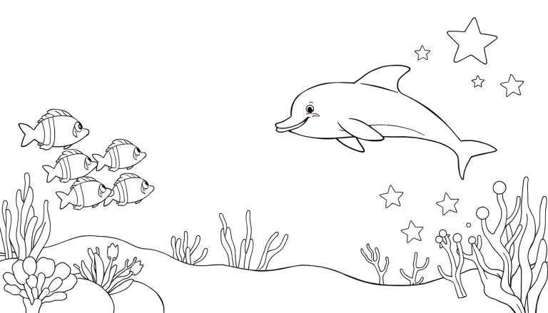 Dessin au trait d'une page à colorier sous-marine avec un dauphin, des poissons rayés, des coraux et des étoiles de mer.