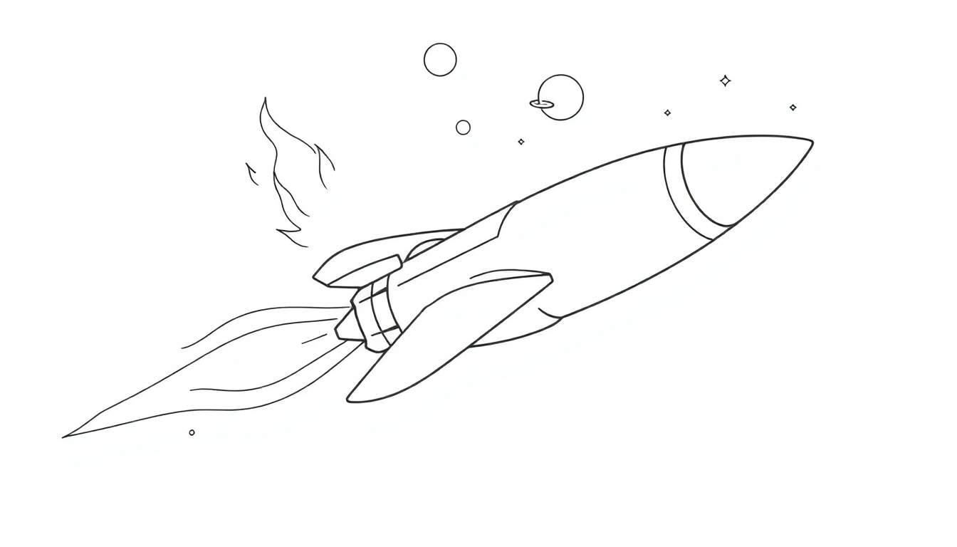 Dessin au trait d'une fusée décollant, avec des étoiles et des planètes dans le ciel. Un color panel amusant.