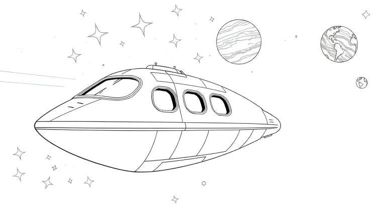 Dessin d'un vaisseau spatial stylisé en mouvement dans l'espace, entouré d'étoiles et de planètes. Color panel