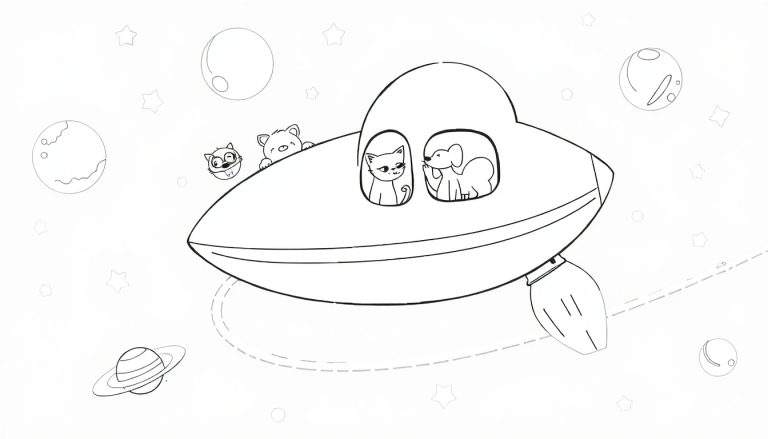 Dessin au trait d'un vaisseau spatial rétro dans l'espace avec un chat, un chien, un raton laveur et un ours, avec des planètes et des étoiles environnantes. Le dessin est destiné à un color panel pour enfants.
