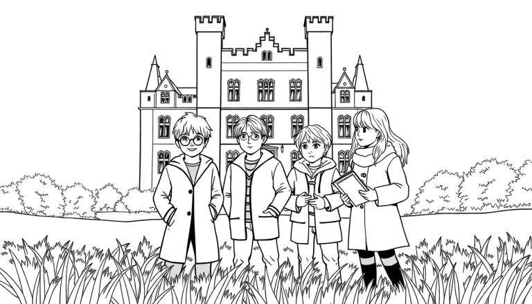 Dessin au trait d'enfants devant un château, idéal pour un color panel.