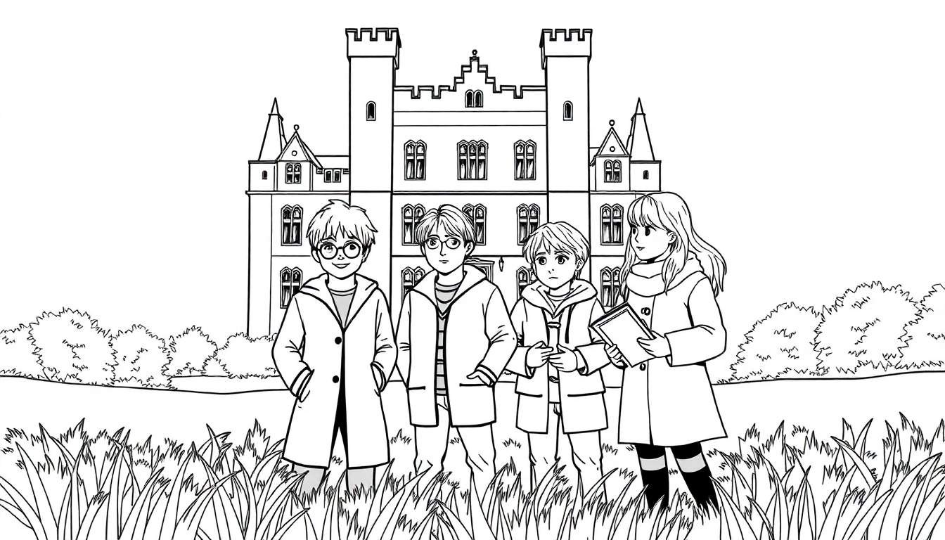 Dessin au trait d'enfants devant un château, idéal pour un color panel.