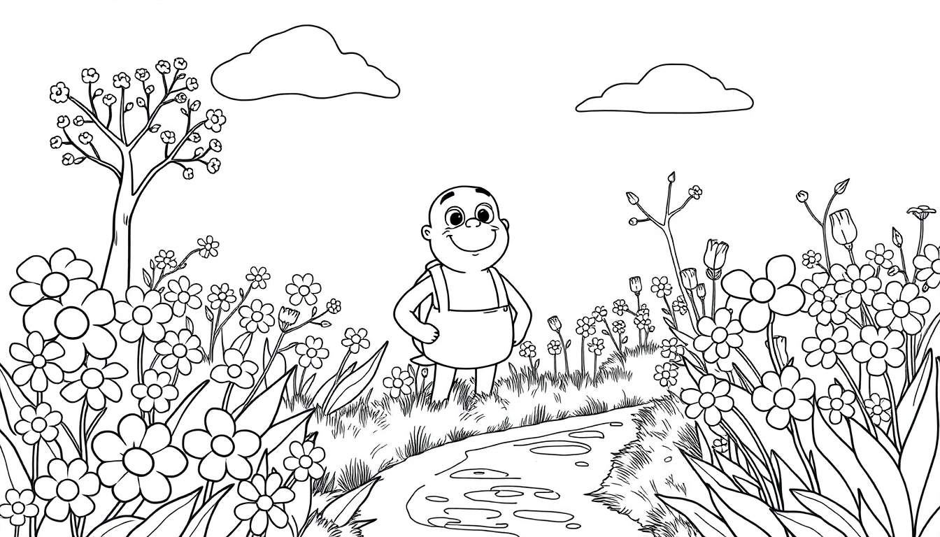 Dessin au trait d'un personnage de dessin animé joyeux se tenant sur un chemin dans un paysage ensoleillé, avec des fleurs et un arbre.