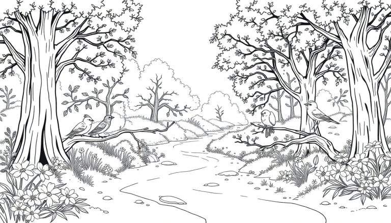 Un dessin au trait d'une forêt luxuriante avec un ruisseau et des oiseaux, un color panel animé.