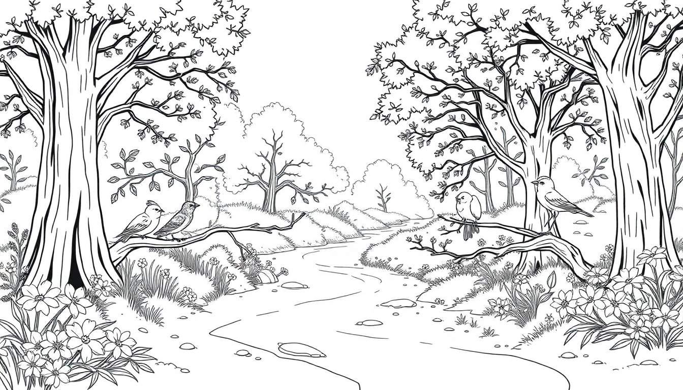 Un dessin au trait d'une forêt luxuriante avec un ruisseau et des oiseaux, un color panel animé.