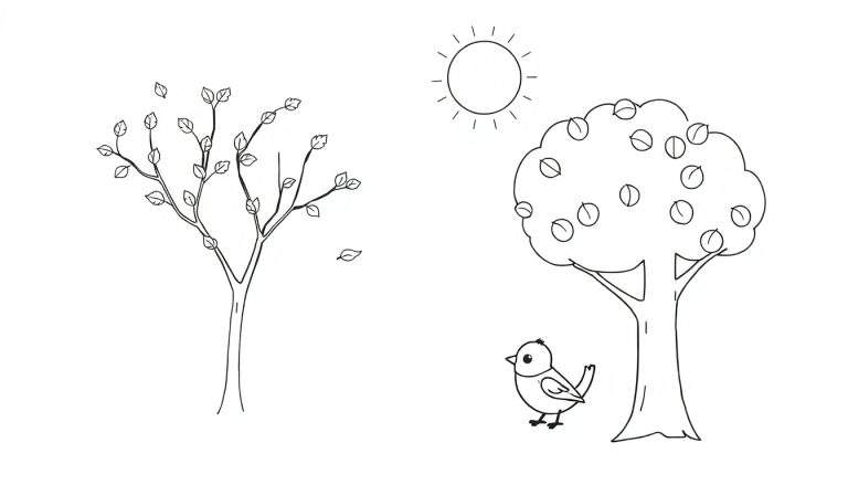 Page de coloriage pour enfants avec un arbre fruitier, un oiseau et le soleil, style dessin au trait.