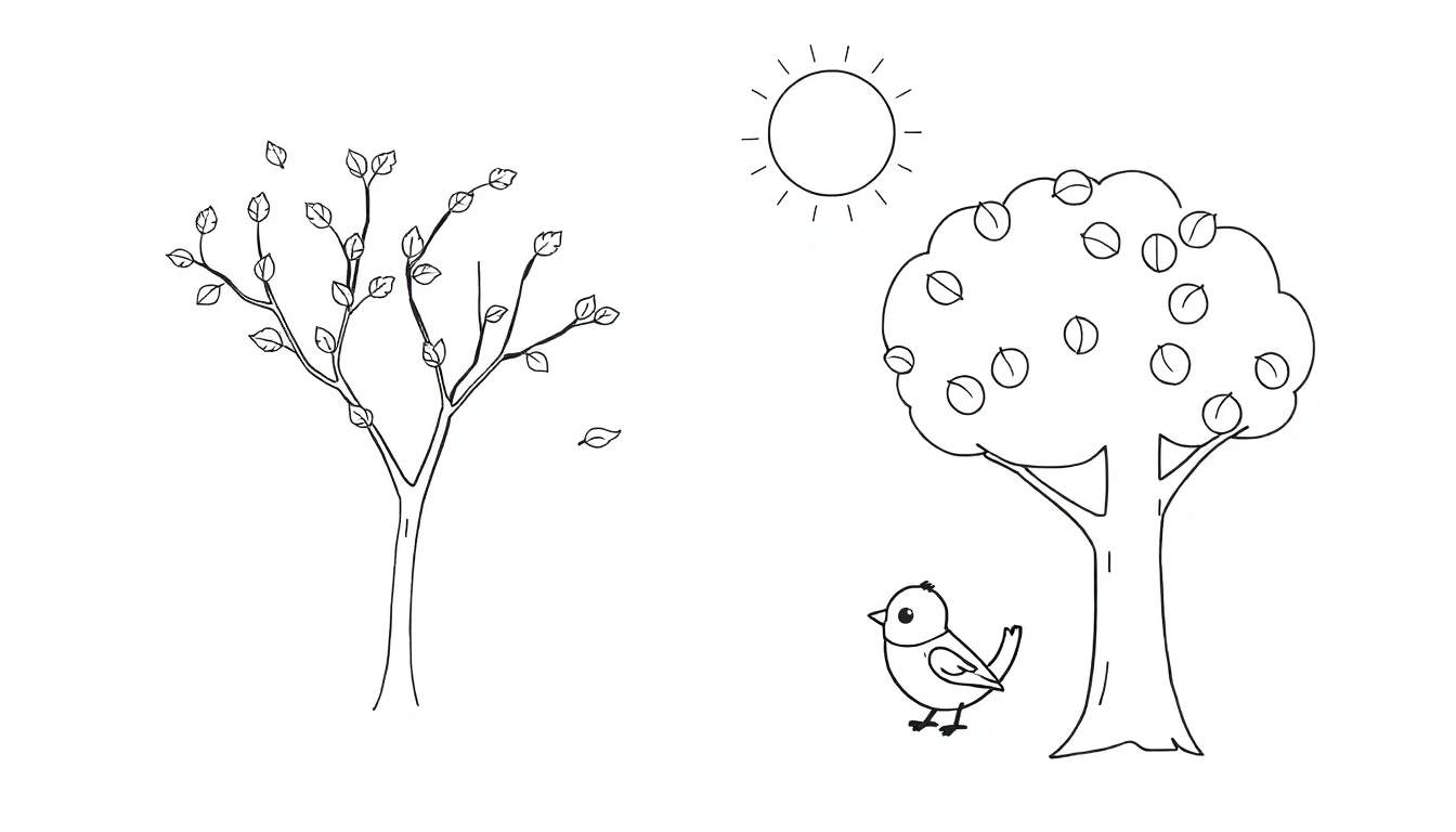 Page de coloriage pour enfants avec un arbre fruitier, un oiseau et le soleil, style dessin au trait.