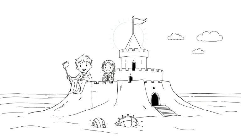 Un dessin au trait d'enfants construisant un château de sable avec un color panel de nuages et de coquillages.