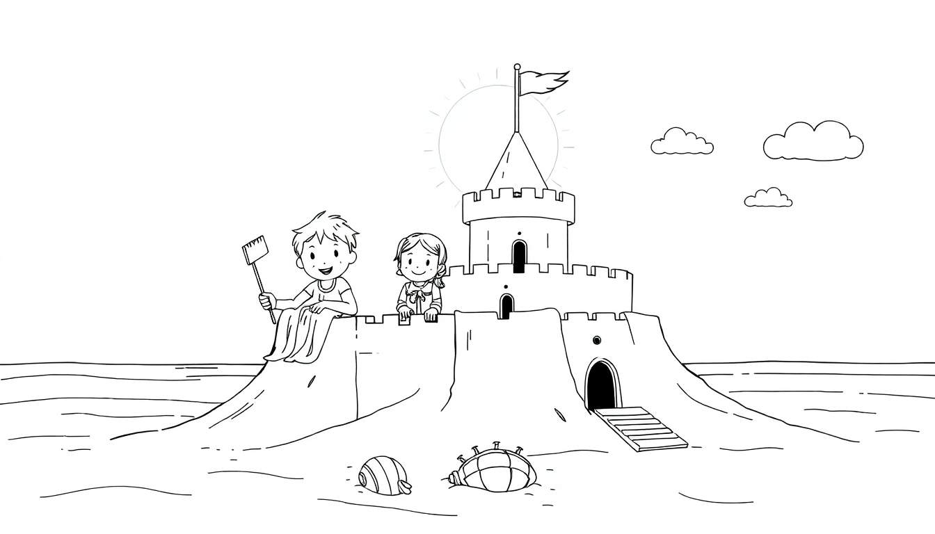 Un dessin au trait d'enfants construisant un château de sable avec un color panel de nuages et de coquillages.