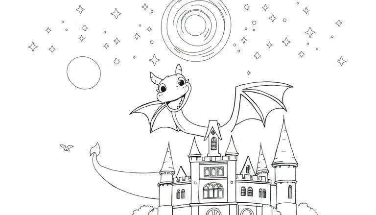 Un dessin au trait d'un color panel montrant un dragon amical volant au-dessus d'un château magique avec des étoiles scintillantes et des nuages doux.