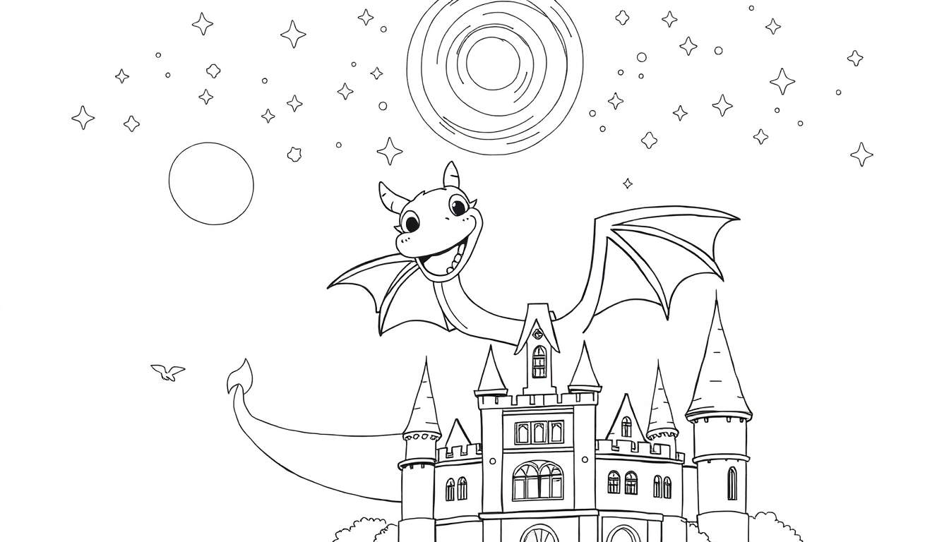 Un dessin au trait d'un color panel montrant un dragon amical volant au-dessus d'un château magique avec des étoiles scintillantes et des nuages doux.